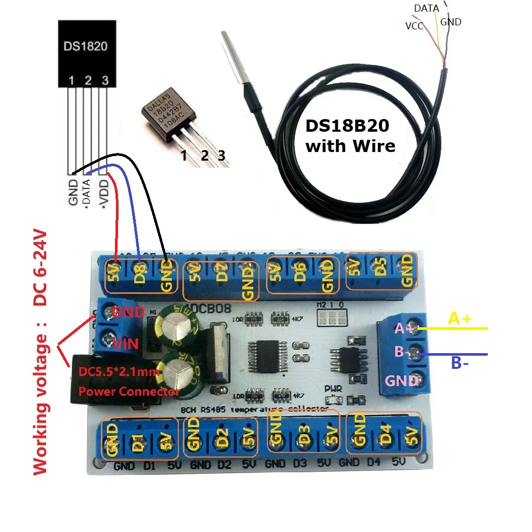 8チャンネルDS18B20温度取得モジュール、Modbus  - Ds18B20 のレビューと価格